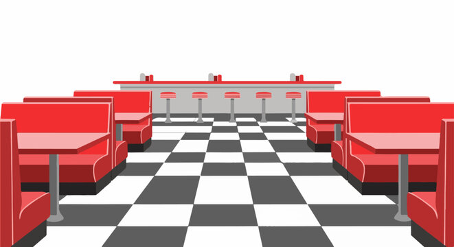 Classic diner interior with red booths and a checkered floor