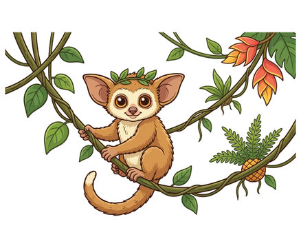 Tiny mouse lemur climbing on jungle vines with tropical flowers and leaves vector graphic.