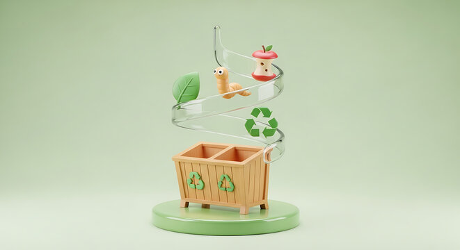 Unique 3D rendering of a circular glass spiral chute leading organic waste into a wooden compost bin with worm and apple core, symbolizing sustainable home composting. Detailed claymorphism 