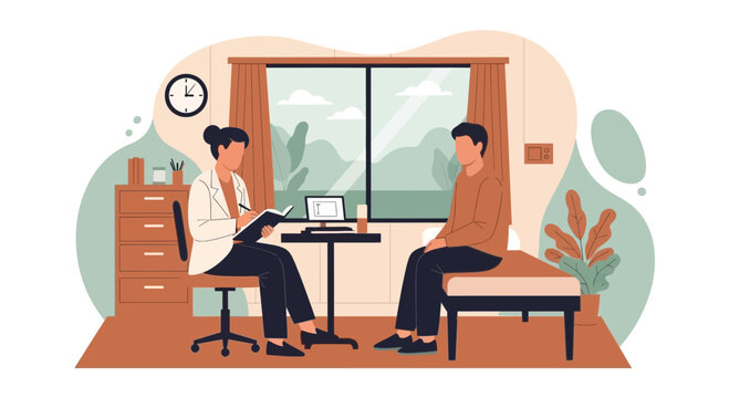 Therapist and patient in consultation room, mental health session, doctor writing notes