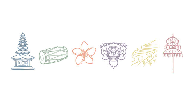 Balinese cultural symbols and iconic elements illustrated in a simple line art style, representing the rich heritage and traditions.