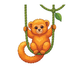 Cute furry monkey swinging on a green jungle vine.