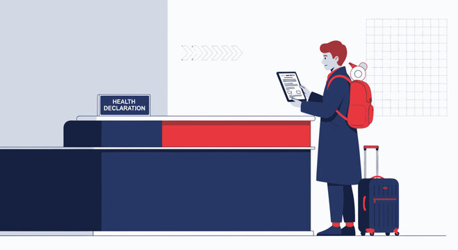 Traveler with luggage fills out health declaration form on tablet at airport check-in