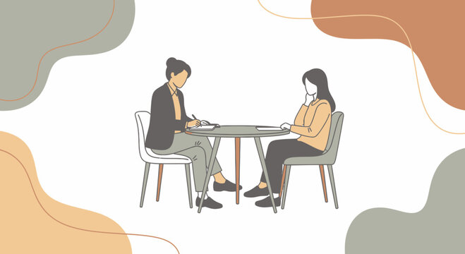 Two women in a meeting, one taking notes, professional discussion, modern abstract background