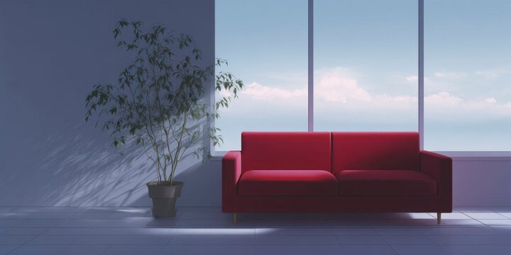 a red couch in an empty room, window with sunshine on background
