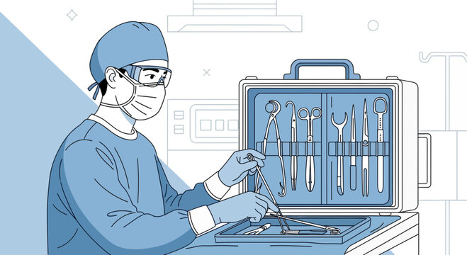 Surgeon with Surgical Instruments and Medical Equipment in Operating Room