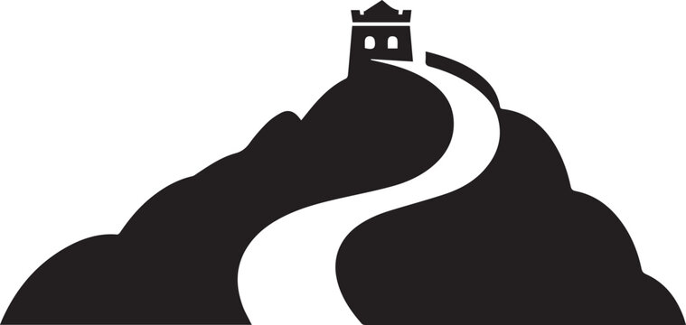 A black silhouette of a mountain with a watchtower and winding road isolated on white background