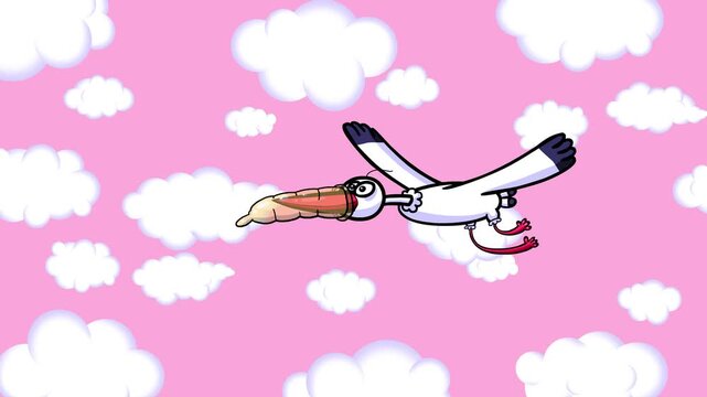 Cartoon storks typical with condom on bill cartoon animation. Big bird flying characters good for any film material seamless loop on pink clouds background. Birth control statistic.