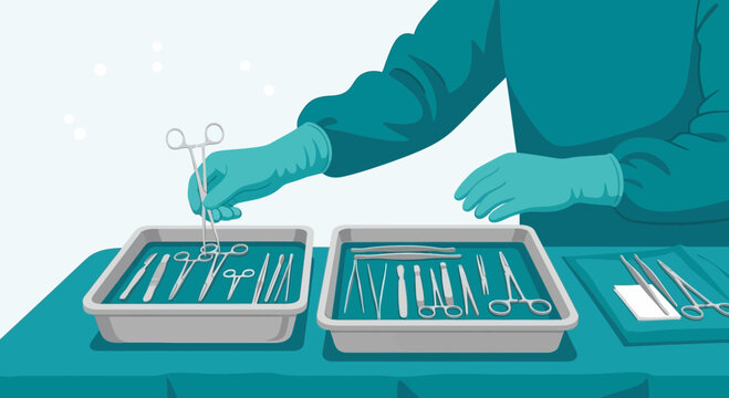 Surgeon's Hands in Gloves Arranging Surgical Instruments in Trays for Operation