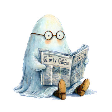 cute ghost reading a newspaper with glasses