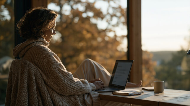 Remote worker attending an online mental wellness workshop for employees, guided breathing exercise visible on screen, journal and pen on desk, shoes off and feet on chair in