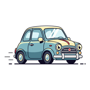 Cute retro cartoon car driving, vintage auto illustration, blue and yellow.