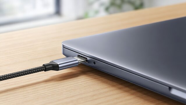 Metallic silver usb type c cable plugged into a modern sleek laptop device resting on a clean wooden desk surface captured in a bright studio setting