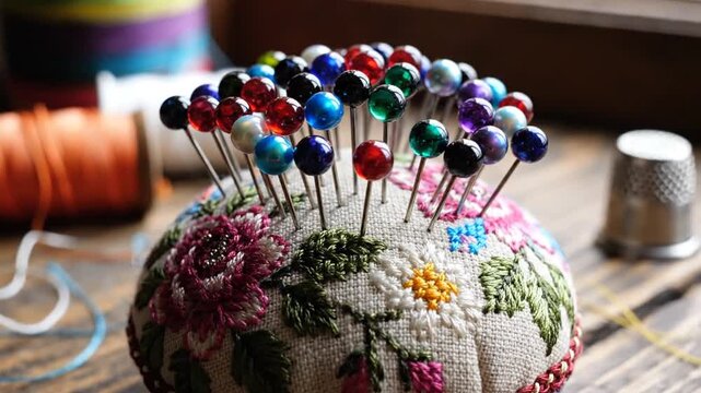 Embroidered pin cushion with colorful sewing pins on rustic wooden table