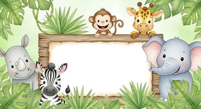 Cute cartoon jungle animals surrounding a blank wooden sign with green foliage baby