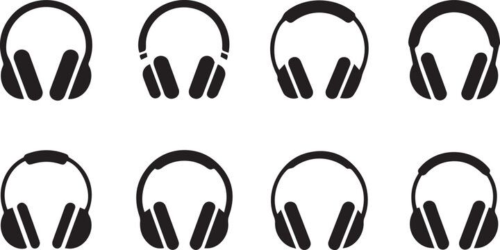 A set of eight black headphones icons on isolated white background with various styles and designs