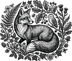 Woodcut style linocut vector illustration of a red fox and barn owl in a woodland wreath with oak leaves, acorns, ferns, and wild flowers © Malati