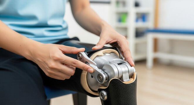 Asian adult woman fine-tuning mechanical prosthetic leg in rehab center, independence and control in rehabilitation