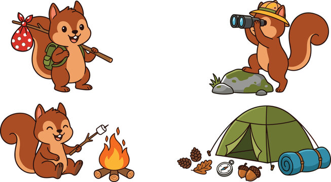 Cute Squirrel Cartoon Character Camping and Hiking Set with Tent Bonfire Binoculars Marshmallow and Forest Adventure Elements Vector Illustration