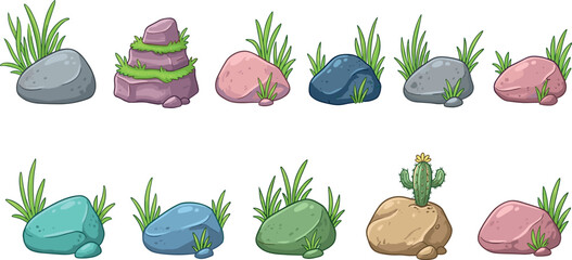 Colorful Video Game Rock and Stone Vector Set with Green Grass and Cactus Elements for Fantasy Landscape Graphic Asset Designs © MstBobita