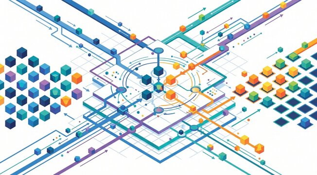 Clean flat vector concept of programmatic advertising networks and automated media bidding channels on a white background