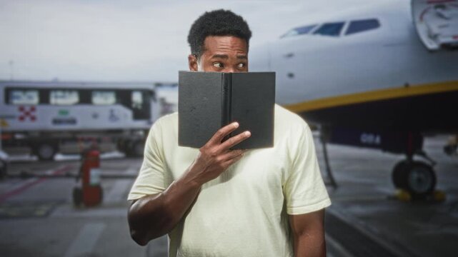 Man holds a black notebook to his face, peeking over it with eyes wide beside a parked jet and ground service vehicle at airport; curiosity travel anticipation.
