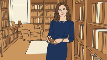 Young professional woman holding tablet in modern library with bookshelves and natural light © little
