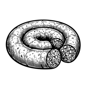 A black and white woodcut illustration of a coiled sausage with a detailed cross-section showing fat and meat texture.