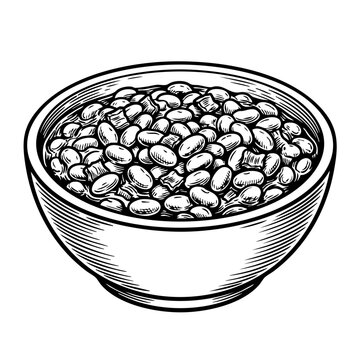 A black and white hand-drawn engraving illustration of a bowl of baked beans with rich gravy.