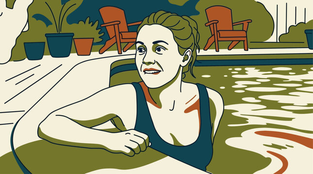 Young woman resting by the poolside biting her lip in contemplation outdoor summer setting