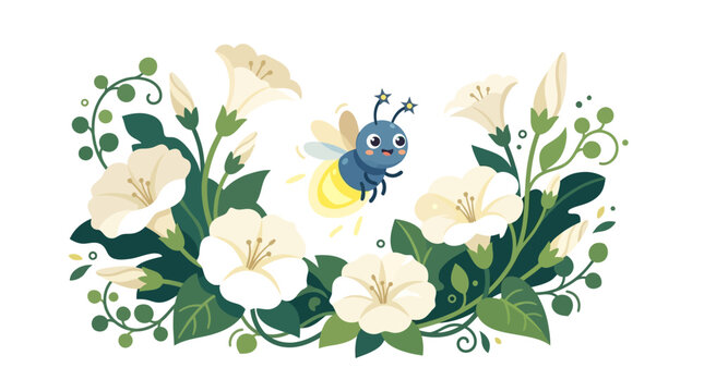 Cute firefly flying among white morning glories, whimsical illustration