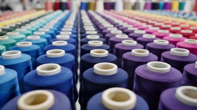 Rows of colorful sewing thread spools in a textile factory