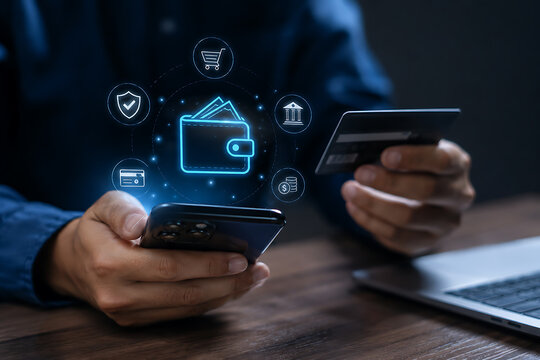 person using smartphone with holographic wallet icons hologram money finance