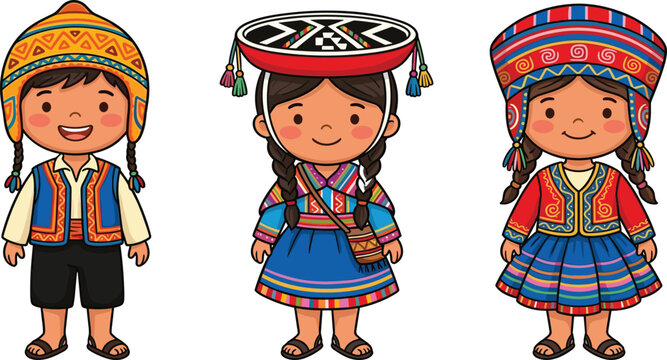 Cute Cartoon Andean Children in Traditional Costumes Set