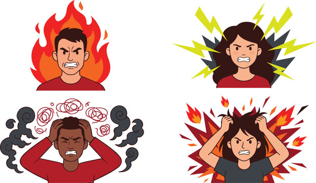 Angry People Avatar Character Set with Furious Men and Women Expressing Rage Stress Aggression and Mental Burnout Concepts Vector Illustration
