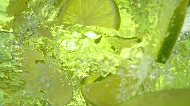 Super Slow Motion Shot of Fresh Lime Slices and Ice Falling into Lemonade at 1000fps.