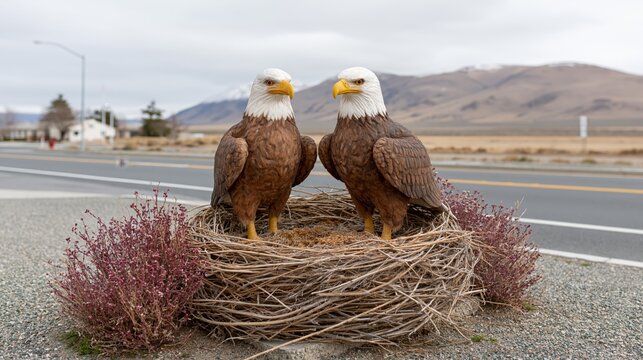 Two realistic eagle statues in a nest by a roadside with mountains in the background