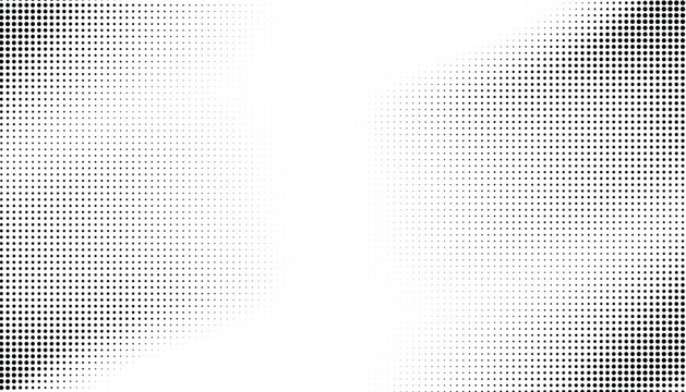 Black and white halftone background with radial gradient dot pattern.