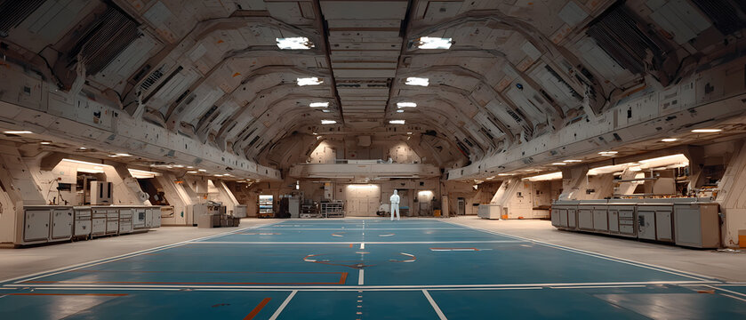 salle blanche dans usine futuriste de construction de puces &eacute;lectroniques. Ouvrier en combinaison blanche
