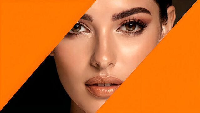 Close up portrait of a woman's face with dramatic lighting and flawless makeup