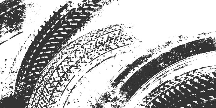 Grunge tire tracks with mud splatters and dirt texture background vector illustration for off-road racing design.