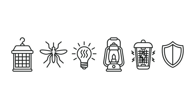 Mosquito zapper, lantern, and shield icons represent insect repellent solutions and outdoor protection against pests during summer activities.