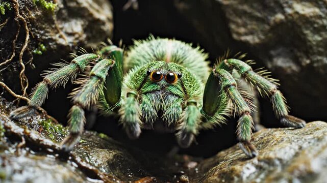 Macro view of a vibrant green hairy spider with large orange eyes emerging from a dark crevice between wet rocks, showing detailed setae and body texture in a damp forest.