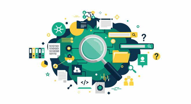SEO Search and Data Management Concept Illustration with Magnifying Glass, Folder Icons, and Binary Code for Digital Information Retrieval and Web Optimization