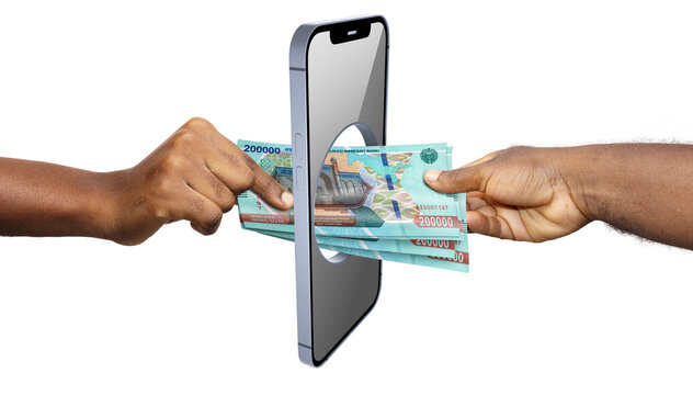 A 3D render shows two hands passing a stack of turquoise Uzbek 200,000 Som bills through a circular hole in a smartphone, visually symbolizing mobile banking and seamless digital cash transfers.