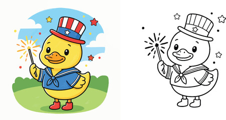 Naklejka premium Cute Patriotic Duck Wearing Sailor Suit and Uncle Sam Hat Holding Sparkler, Colored Cartoon and Black and White Line Art Coloring Page Vector Illustration Set