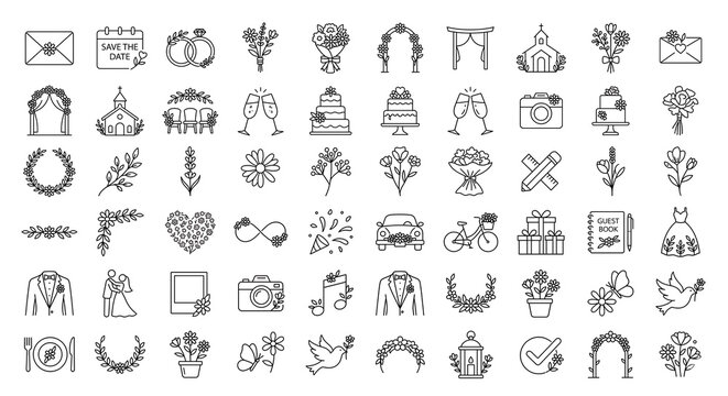 Set of wedding and marriage line icons isolated on white background