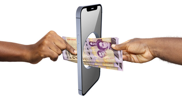 A 3D render shows two hands passing a stack of orange Venezuelan 20 Bol&iacute;var bills through a circular hole in a smartphone, visually symbolizing mobile banking and seamless digital cash transfers.