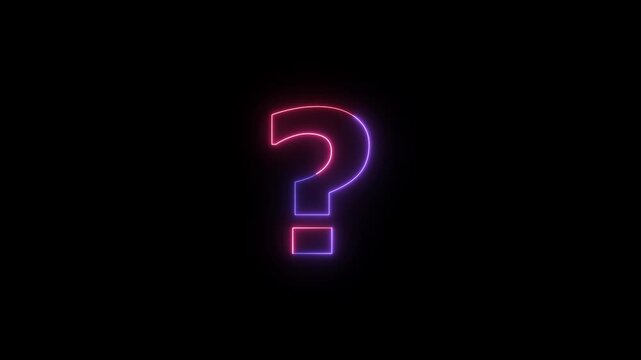 A glowing neon question mark symbol in a gradient of purple and pink light, elegantly rendered against a stark black backdrop, symbolizing inquiry, mystery, and the unknown