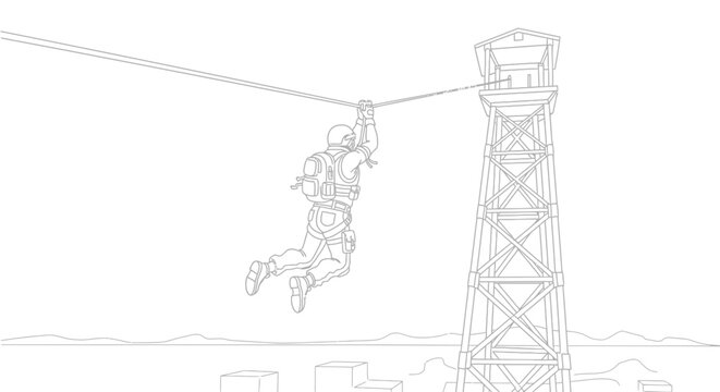 Special Forces Soldier Rappelling Down Zip Line From Watchtower
